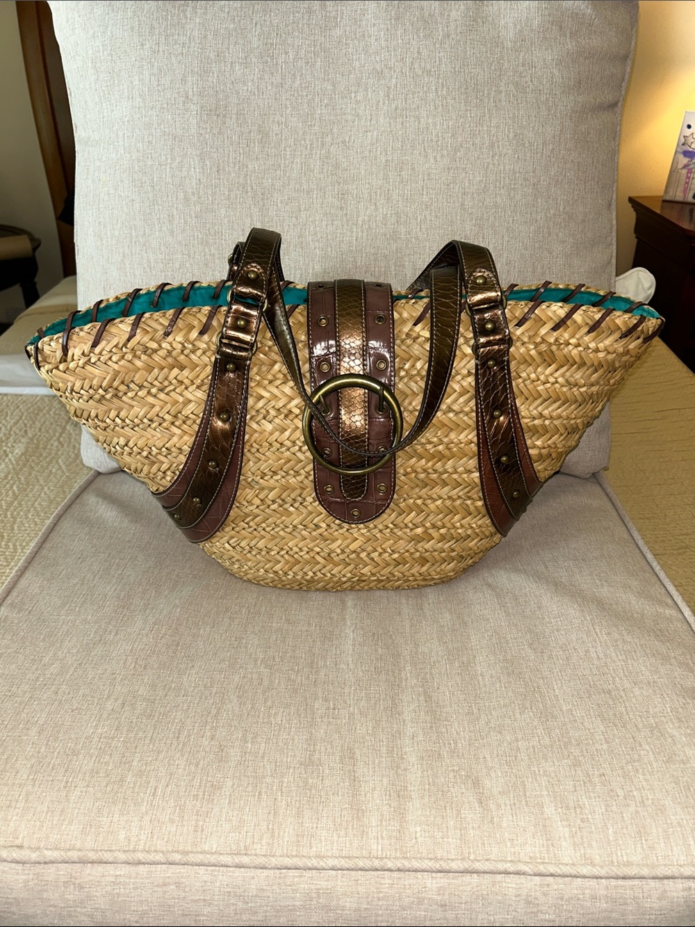 Vintage Nine West Straw Tote with Brown Leather Straps and Snake accent trim